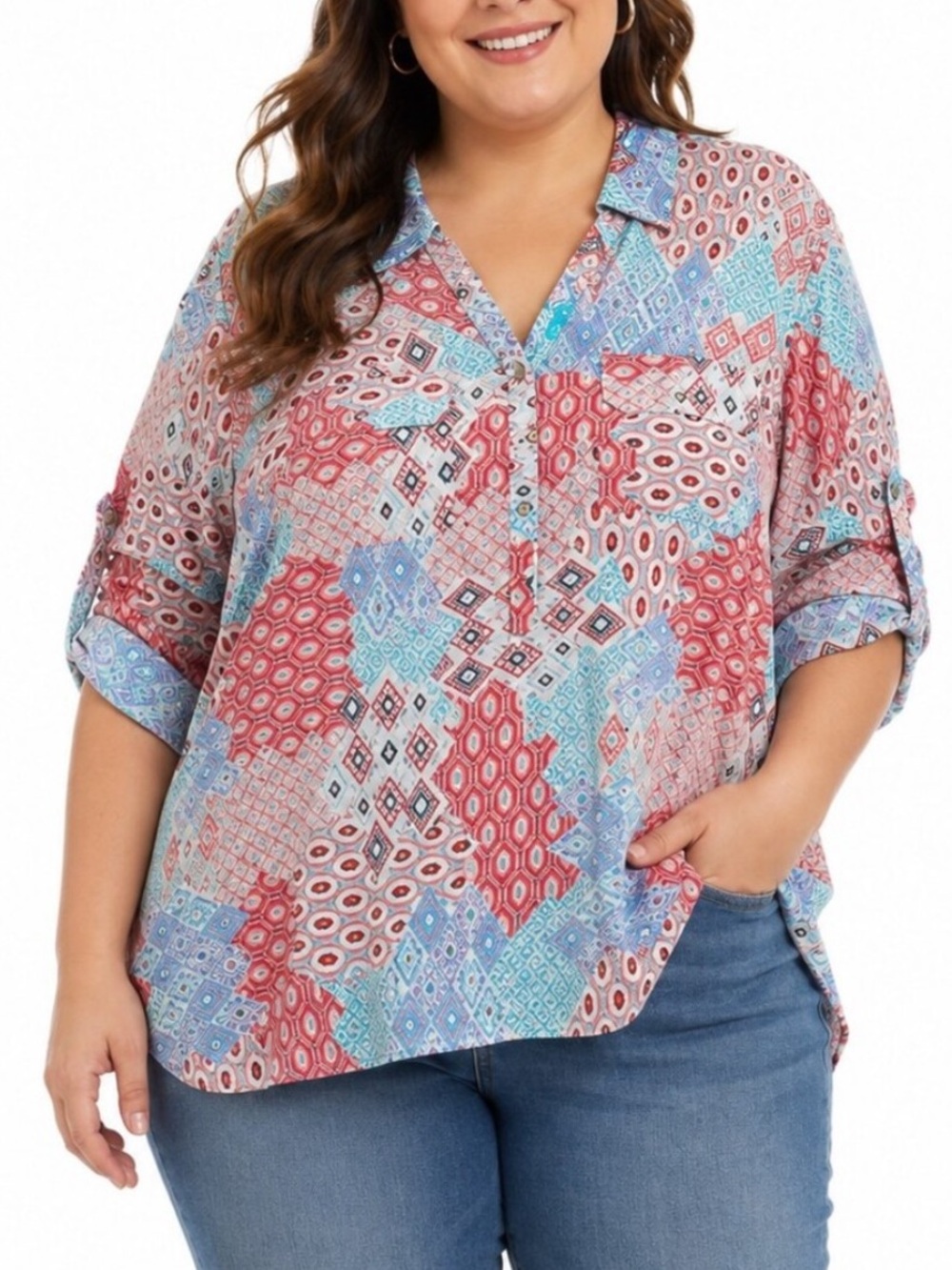 Talbots Woman Petite 2XP Patchwork Roll Tab Sleeves Popover Tunic Shirt - Picture 1 of 11